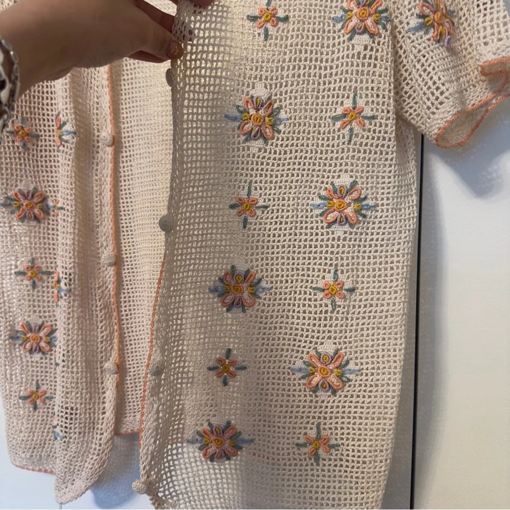 Vintage Hand Crocheted Floral Embroidery Open Cardigan | Cream - Picture 2 of 3
